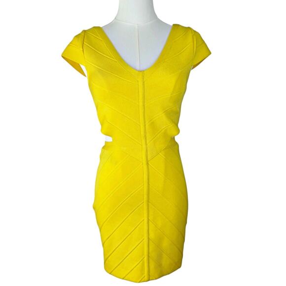 VTG Bebe Lemon Yellow Cutout Bandage Dress Y2K Buttercup XS Cap Sleeve - Picture 1 of 10